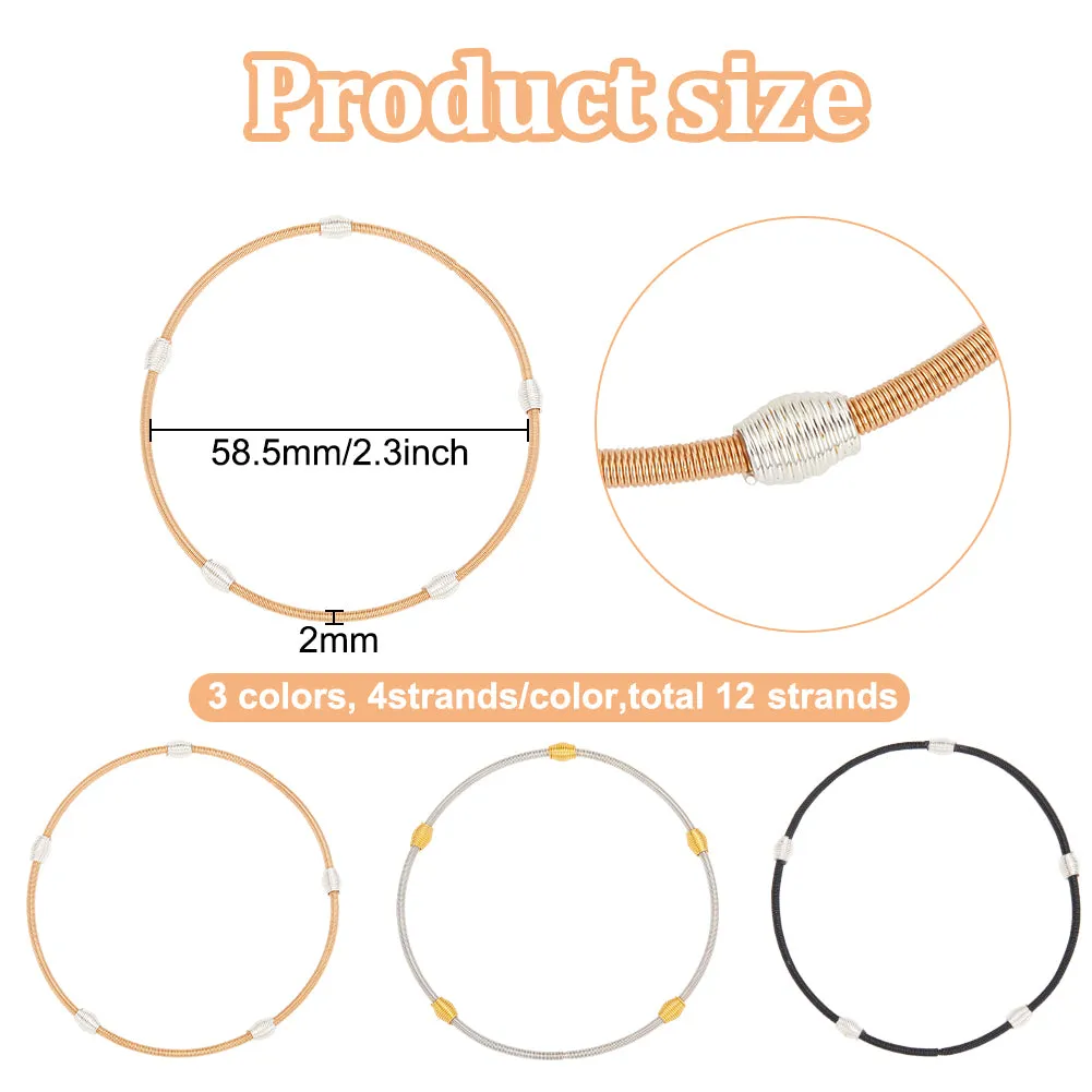 12 Strands 3 Colors Spring Bracelets, Steel French Wire Gimp Wire, for Stackable Wearing, Mixed Color, 0.2cm, Inner Diameter: 2-1/4 inch(5.85cm), 4 strands/color