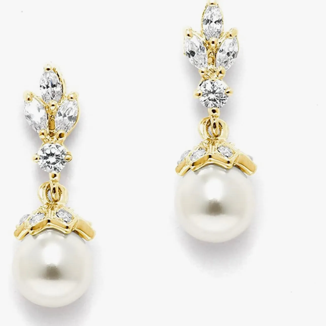 14K Gold Plated Pearl Drop Wedding Earrings for Brides with Marquis CZ