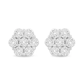 14K White Gold 1.0 Cttw Prong Set Round-Cut Diamond Floral Stud Earrings