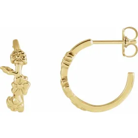 14K Yellow Floral Hoop Earrings