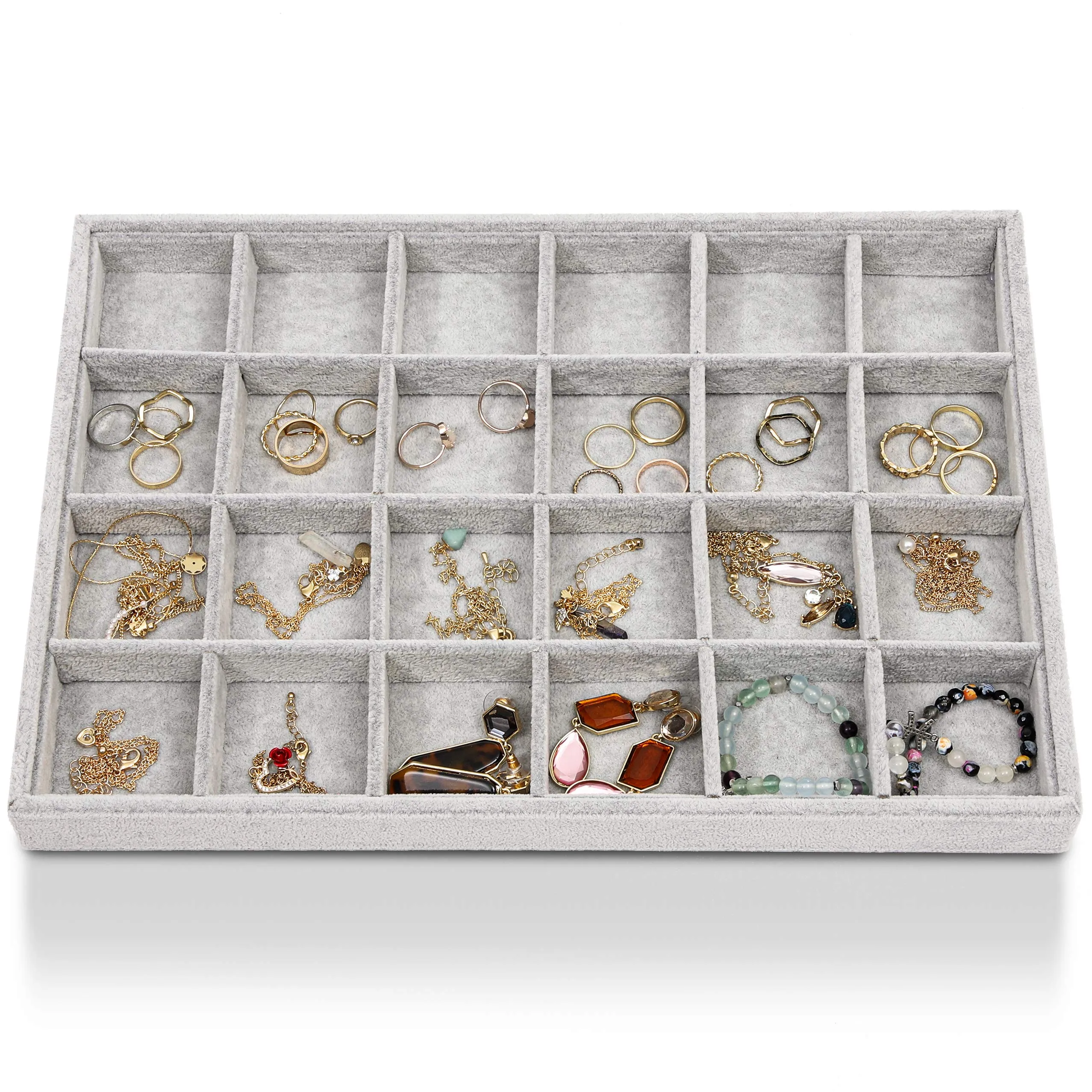 24 Grid Stackable Jewelry Tray (13.5 x 9.5 Inches, Grey Velvet)