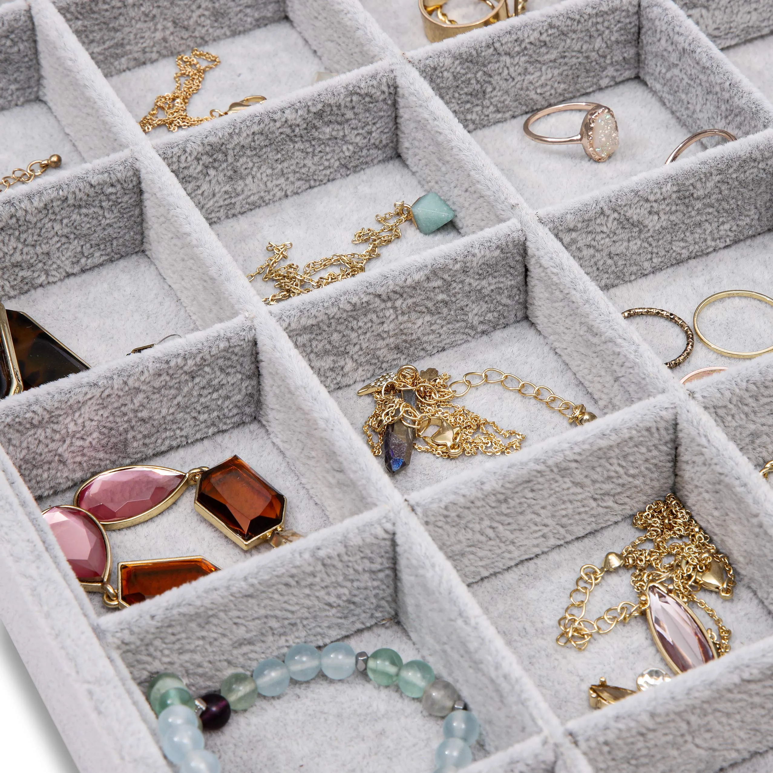 24 Grid Stackable Jewelry Tray (13.5 x 9.5 Inches, Grey Velvet)