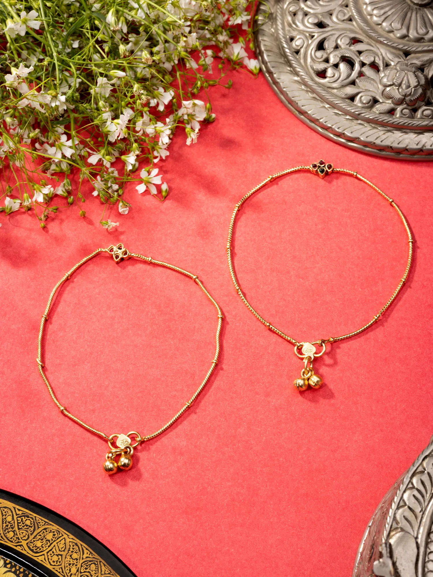 24K Gold-Plated Ruby and Emerald Anklets