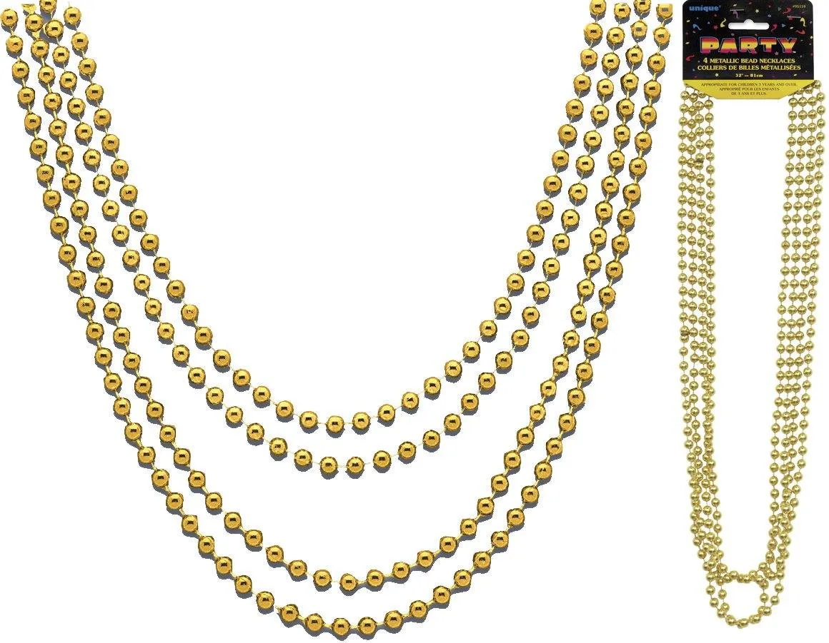 4 Pack Metallic Gold Bead Necklaces - 81cm