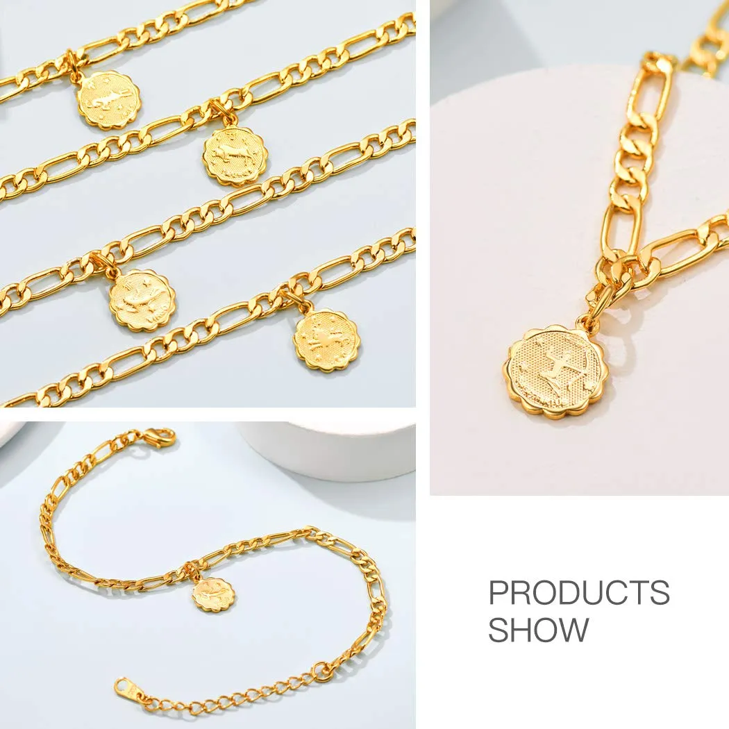 4.5mm Constellation Zodiac Chain Anklet 22cm-Length Adjustable, 18K Gold Plated Beach Jewelry Horoscope Star Sign Figaro Ankel Bracelet Foot Chain for Women Teen Girls 12. Capricorn (12.22-1.19)