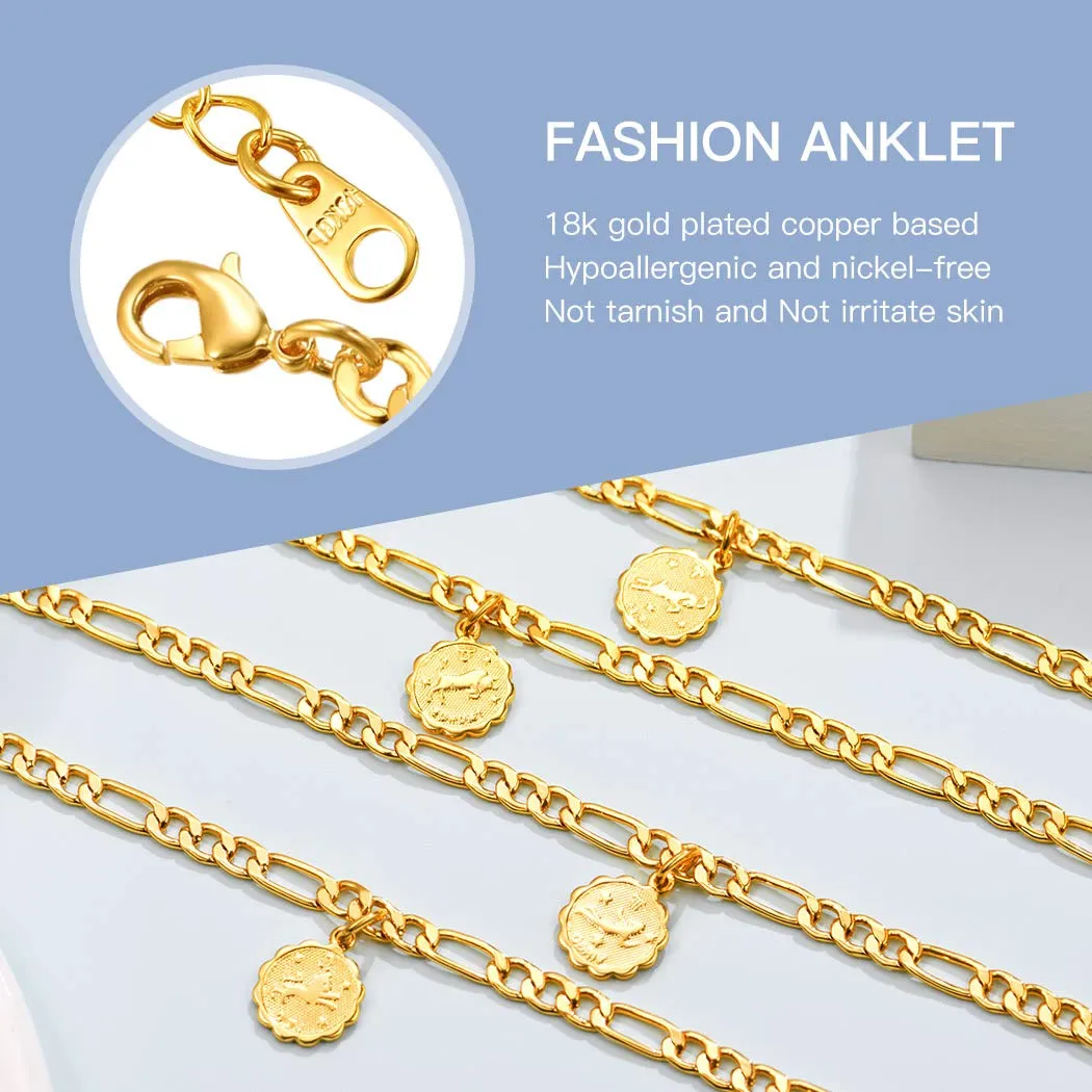 4.5mm Constellation Zodiac Chain Anklet 22cm-Length Adjustable, 18K Gold Plated Beach Jewelry Horoscope Star Sign Figaro Ankel Bracelet Foot Chain for Women Teen Girls 12. Capricorn (12.22-1.19)