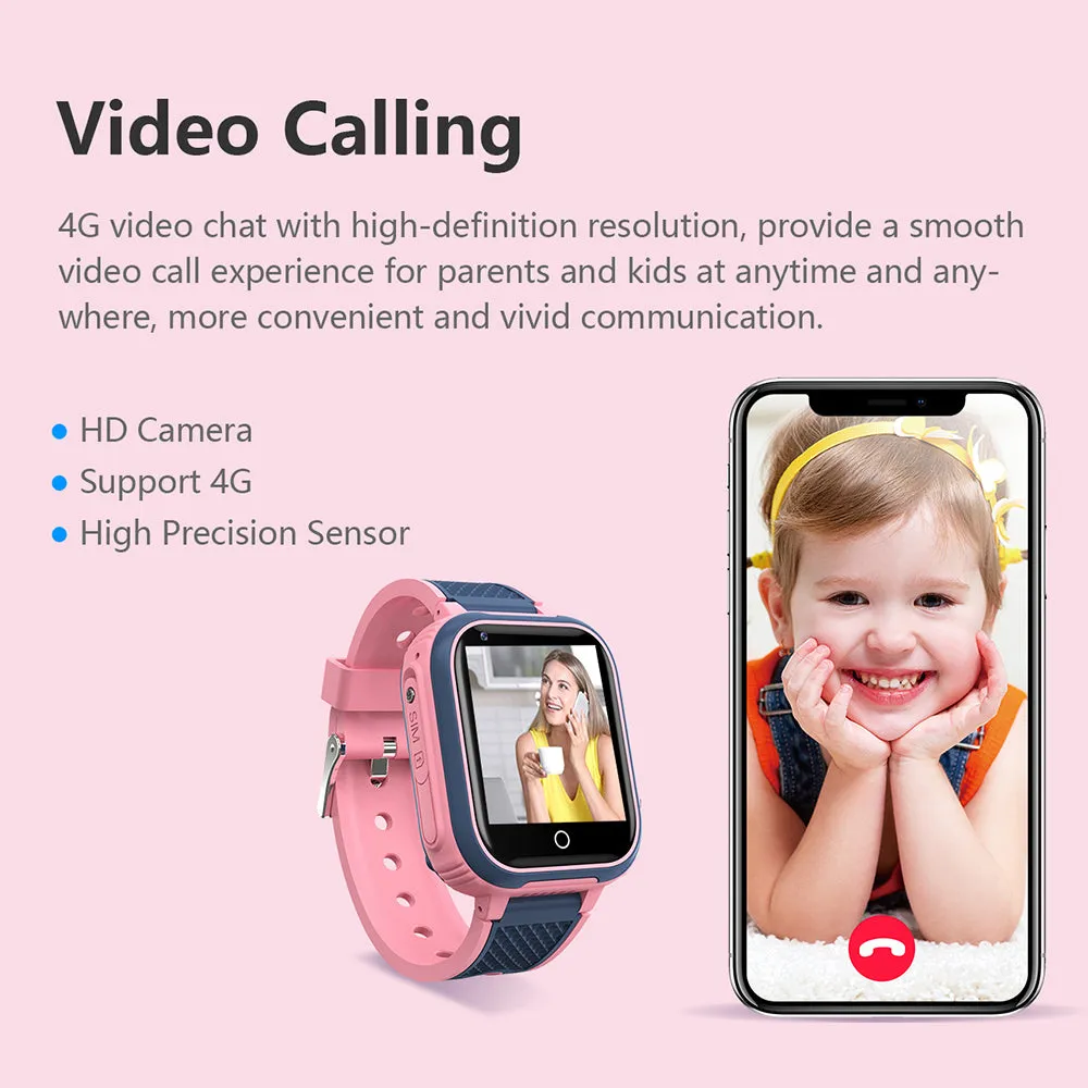 4G Kids Smart Watch Water-resistant Wifi GPS Locator Video SOS Children Phone Watch Gift Pink