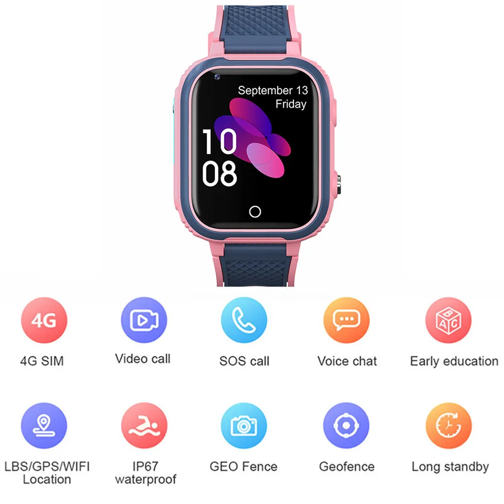 4G Kids Smart Watch Water-resistant Wifi GPS Locator Video SOS Children Phone Watch Gift Pink
