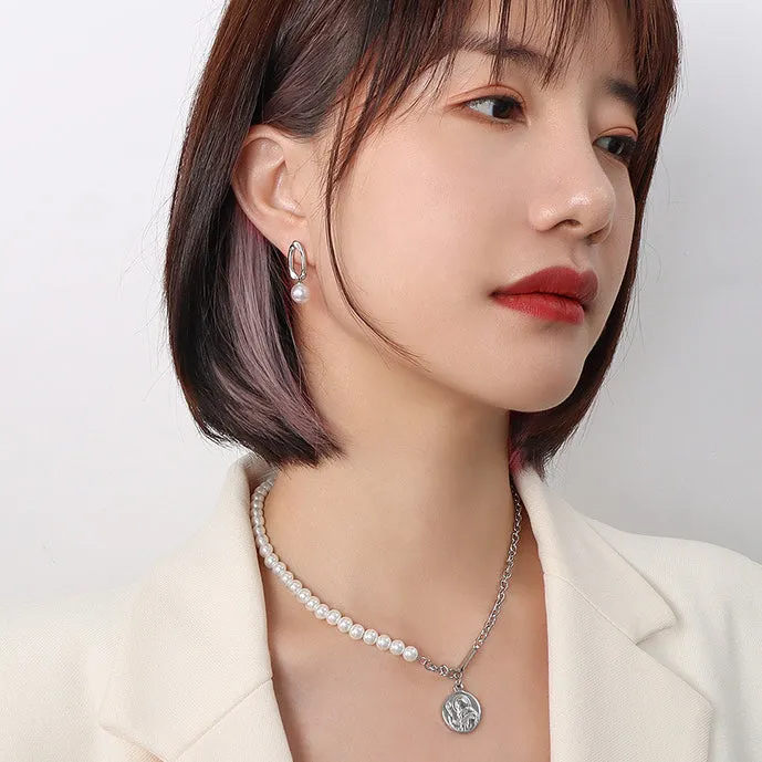 AB Asymmetrical Round Pearl Drop Earrings
