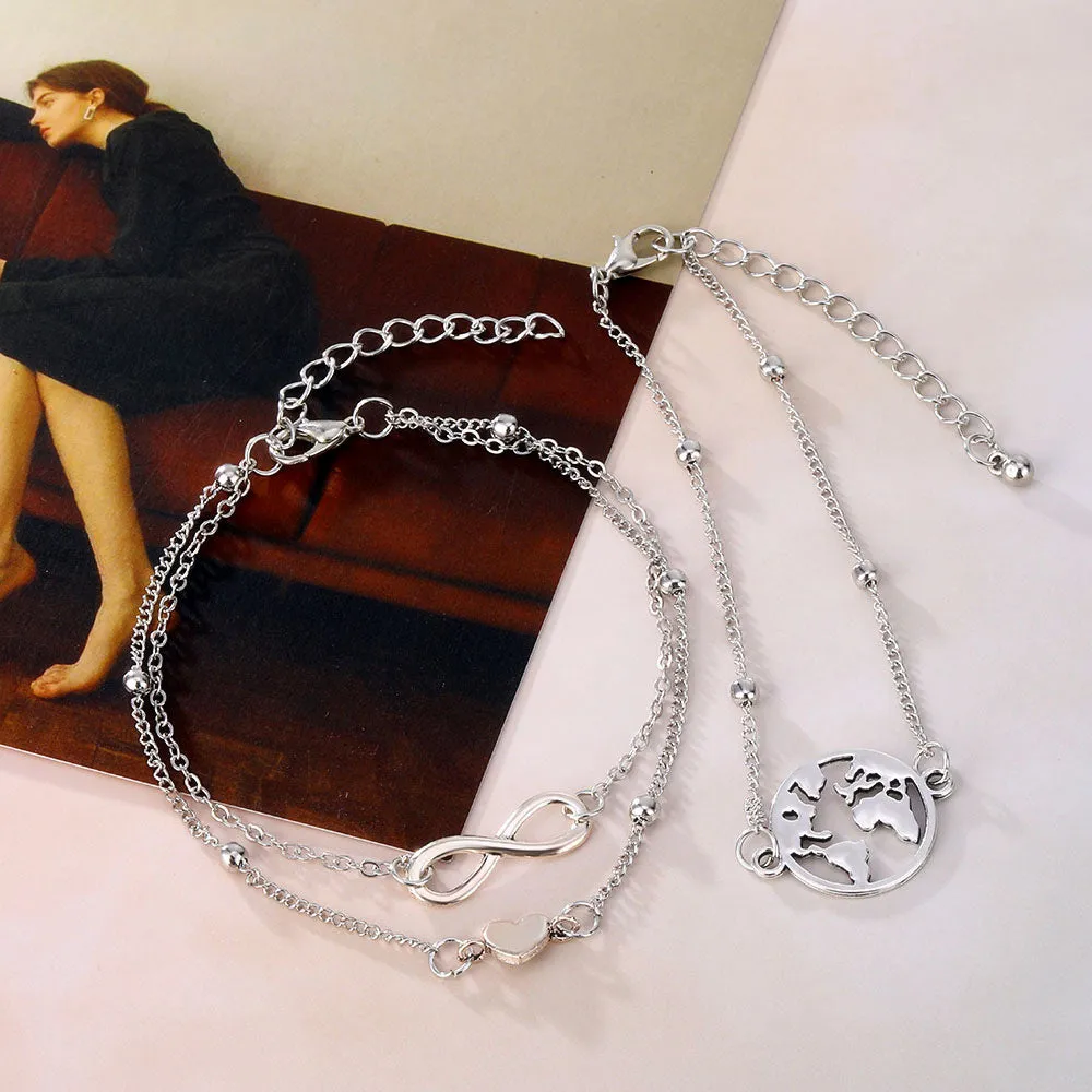 Ankle Chain Map Infinite Heart Pendant Anklets for Women