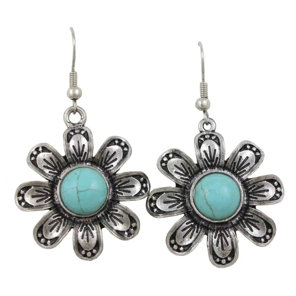 Antique Silver Turquoise Flower Dangling Pierced Earring - FE504