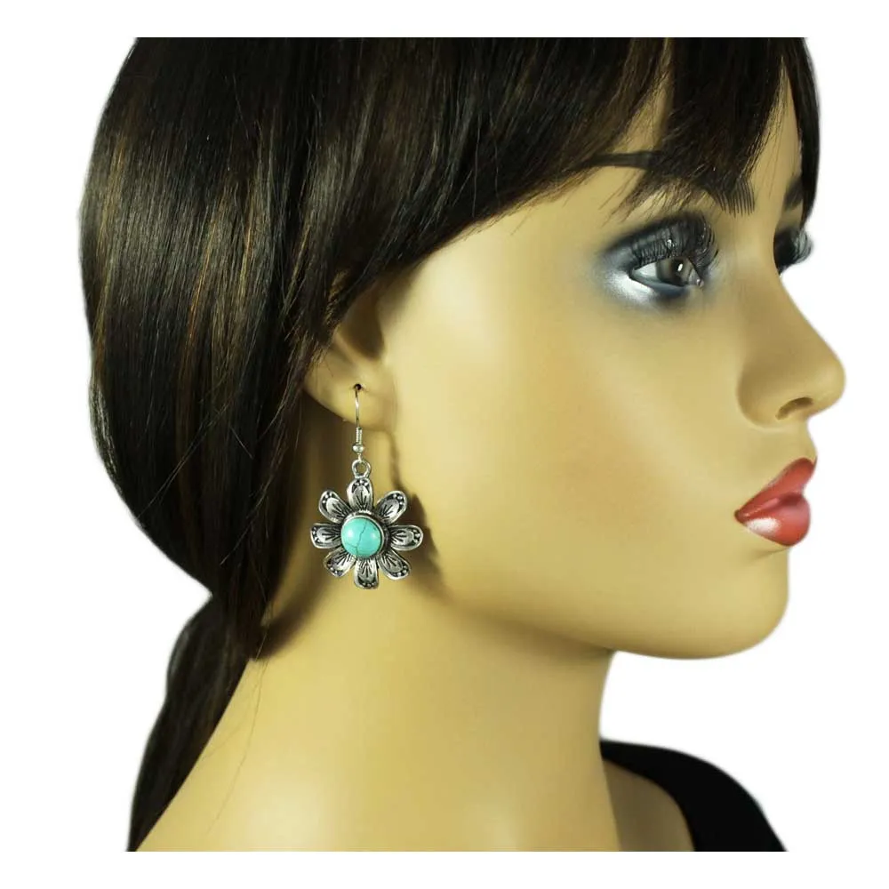 Antique Silver Turquoise Flower Dangling Pierced Earring - FE504