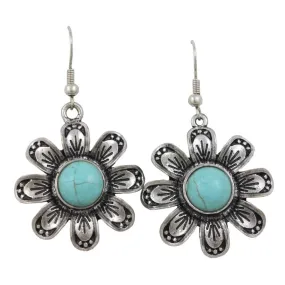 Antique Silver Turquoise Flower Dangling Pierced Earring - FE504
