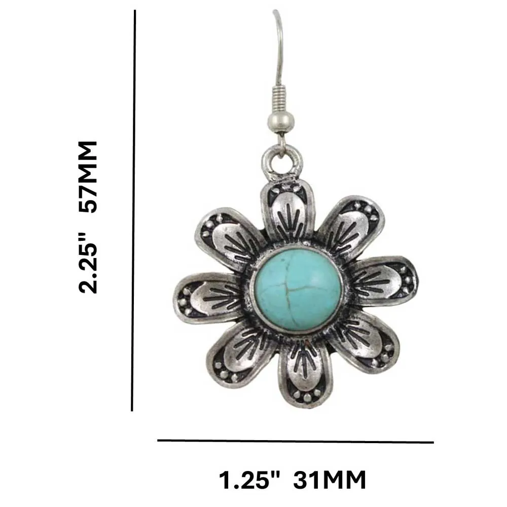 Antique Silver Turquoise Flower Dangling Pierced Earring - FE504