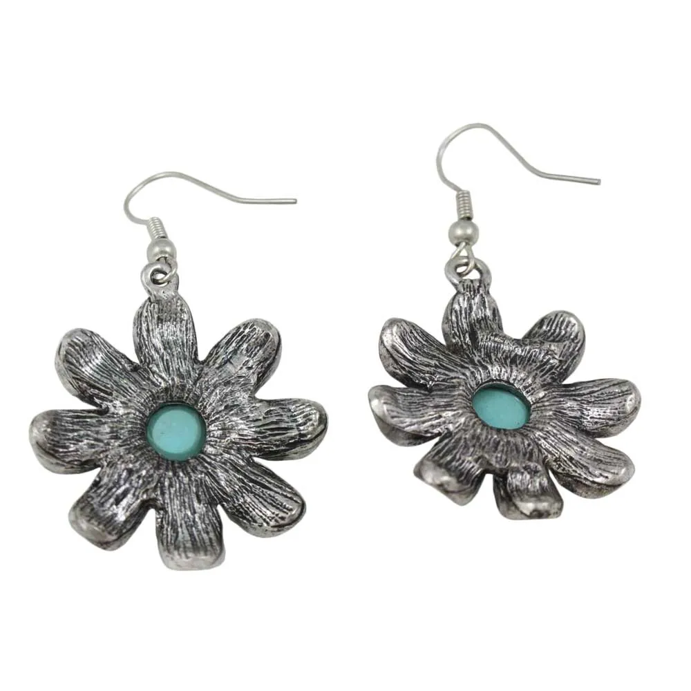 Antique Silver Turquoise Flower Dangling Pierced Earring - FE504