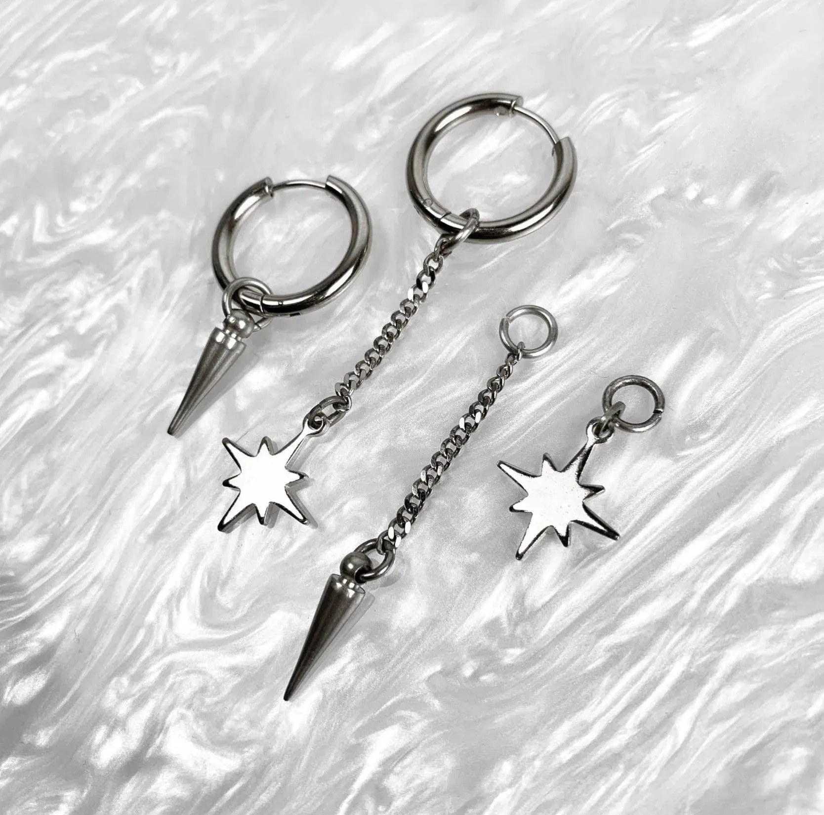 Asymmetrical Steel Hoops   Charm Earrings
