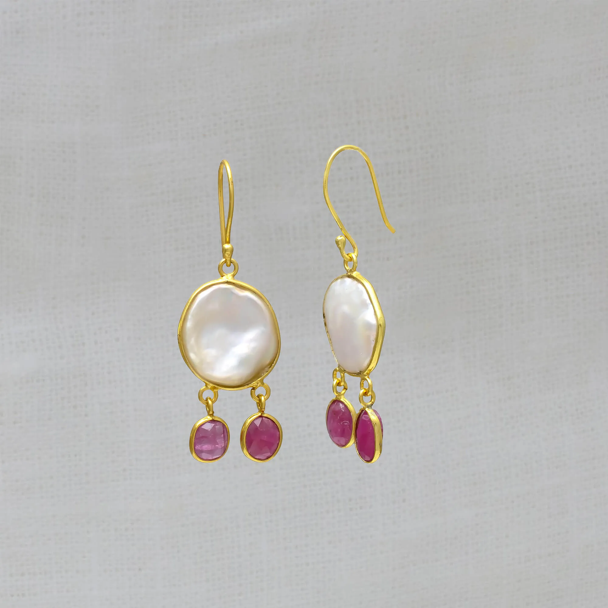 Biwa Pearl and Ruby Earrings