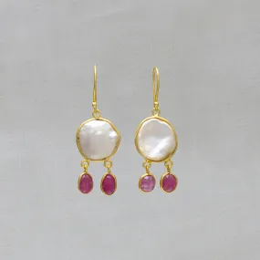 Biwa Pearl and Ruby Earrings
