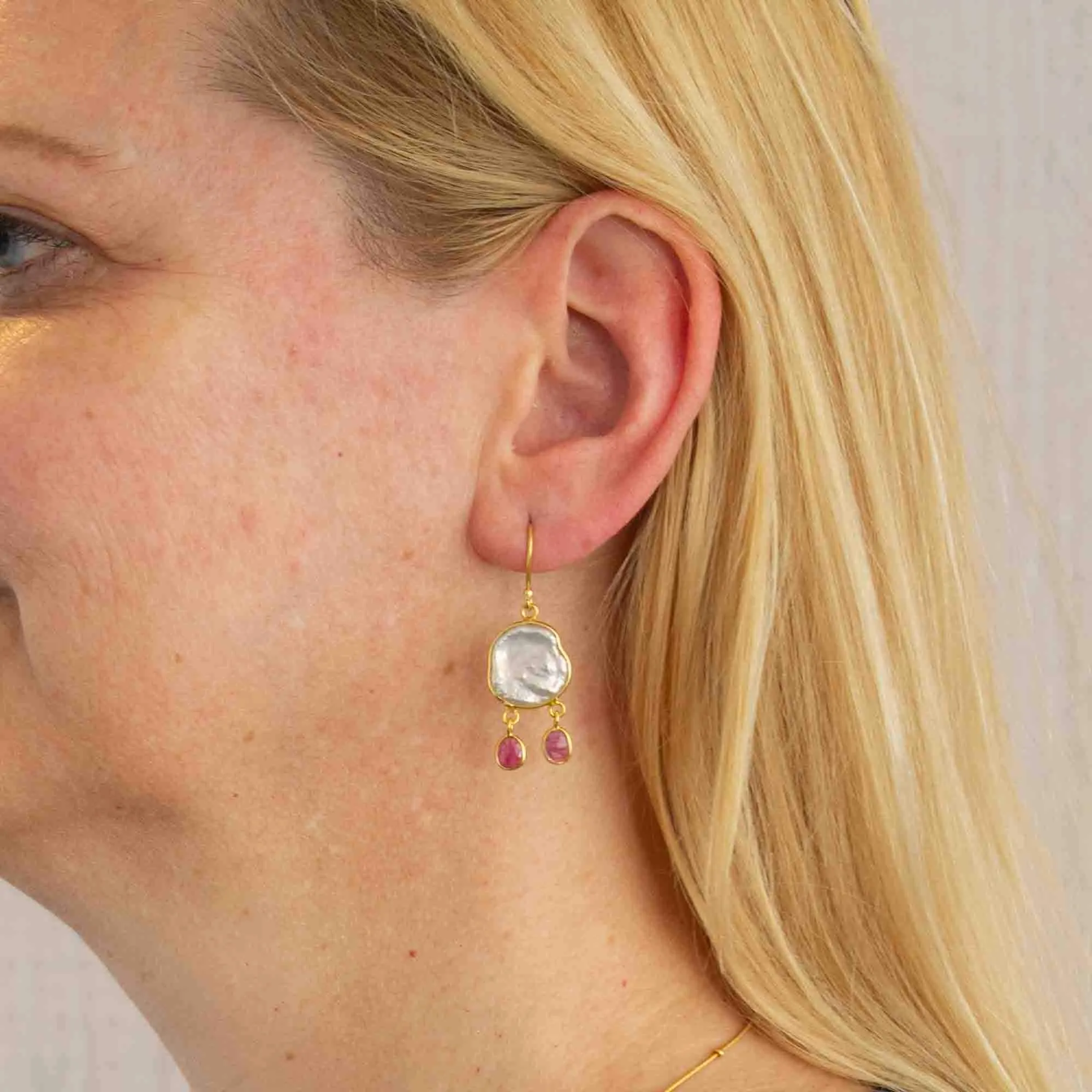Biwa Pearl and Ruby Earrings