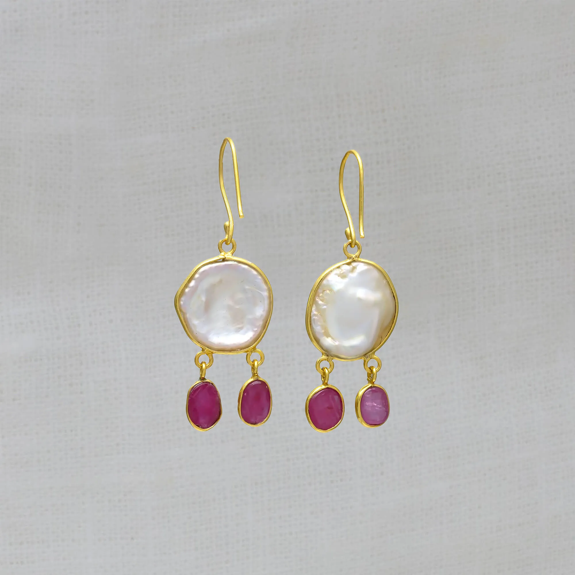 Biwa Pearl and Ruby Earrings