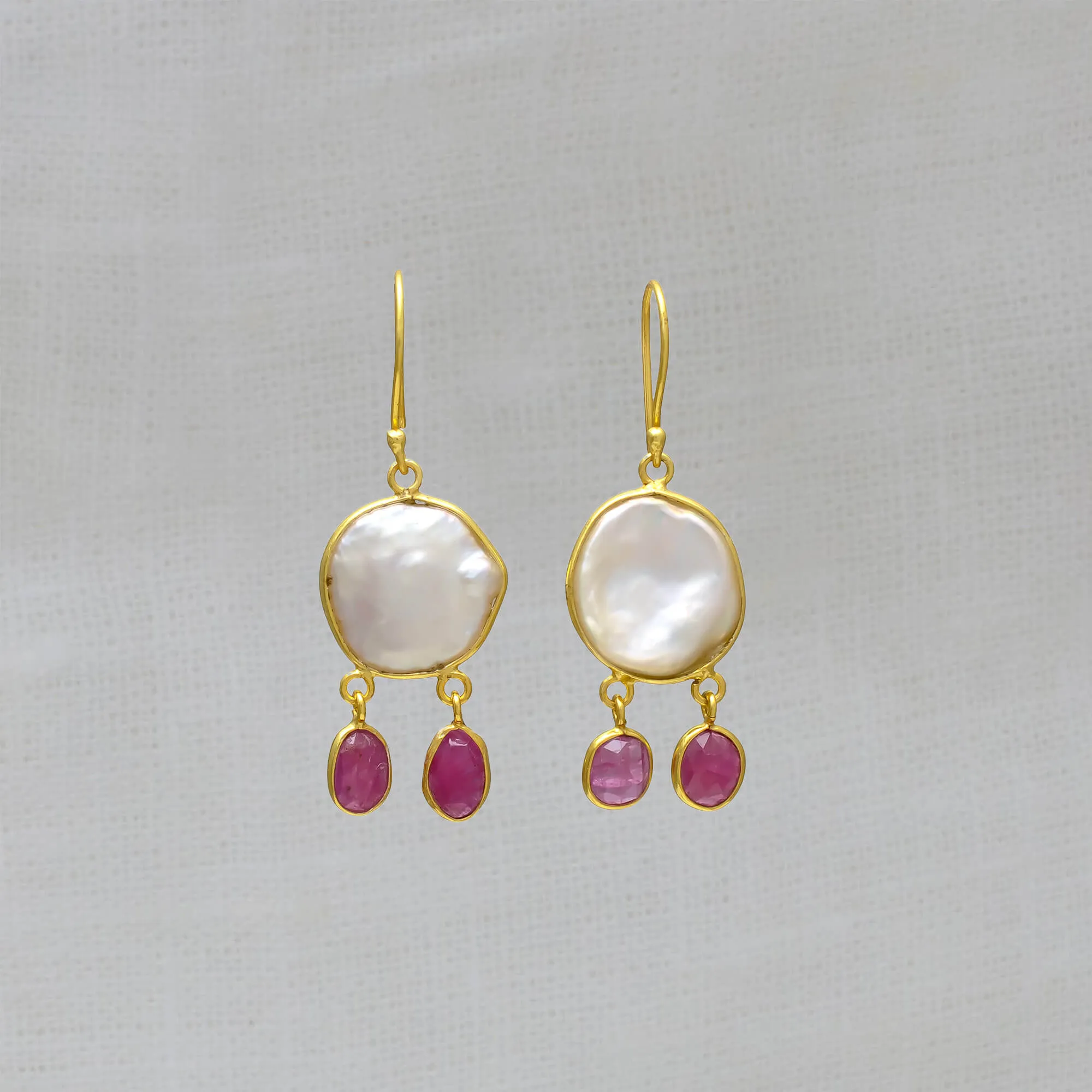 Biwa Pearl and Ruby Earrings
