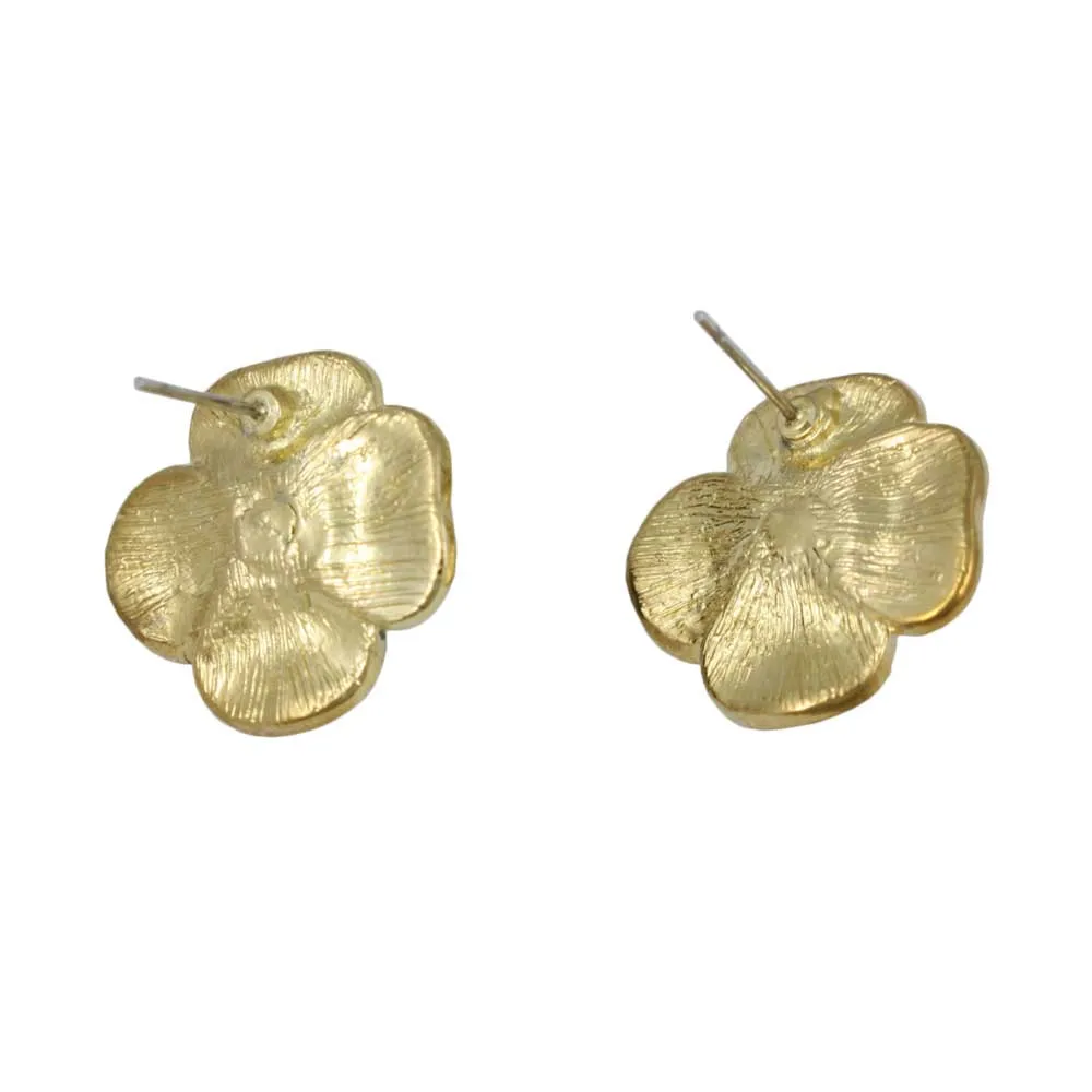 Black Enamel Flower Trimmed in Gold Pierced Earring - EQ103