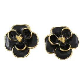 Black Enamel Flower Trimmed in Gold Pierced Earring - EQ103