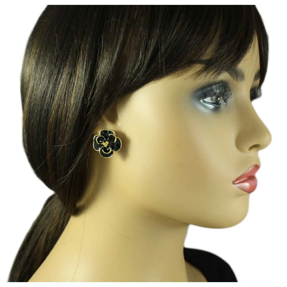 Black Enamel Flower Trimmed in Gold Pierced Earring - EQ103