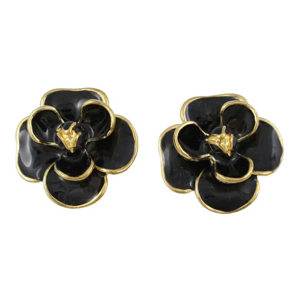 Black Enamel Flower Trimmed in Gold Pierced Earring - EQ103