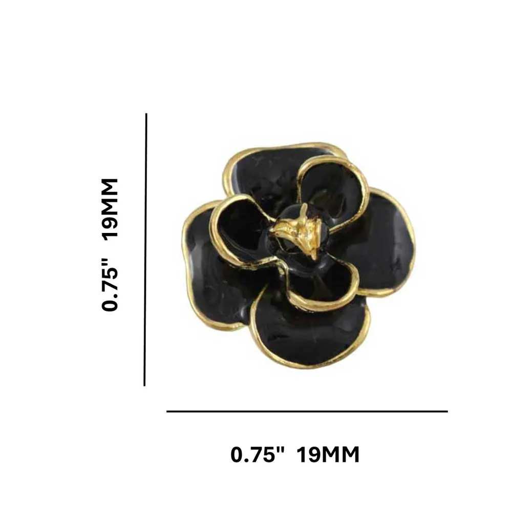 Black Enamel Flower Trimmed in Gold Pierced Earring - EQ103