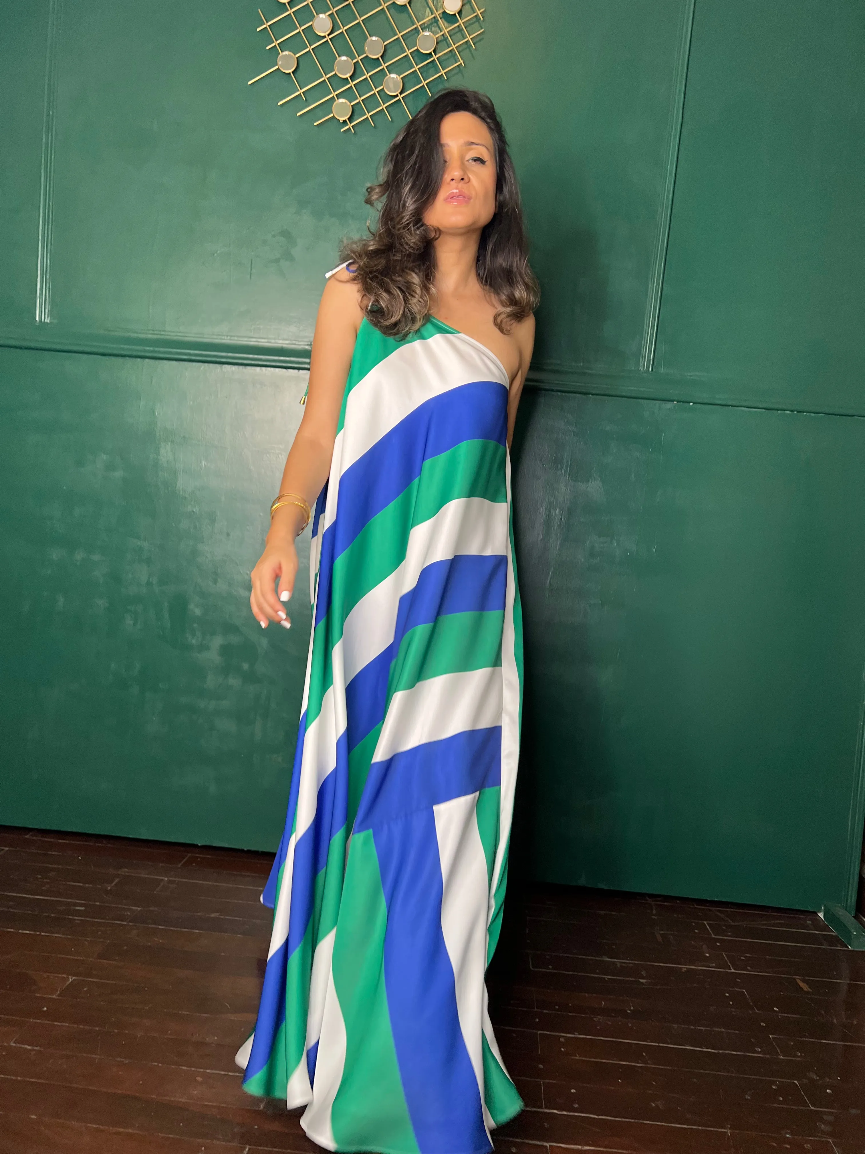 Blue Green and white stripe maxi