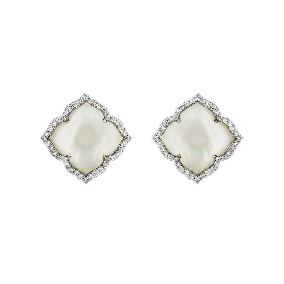 Carved White Mother of Pearl & Diamond Capri Small Flower Earrings