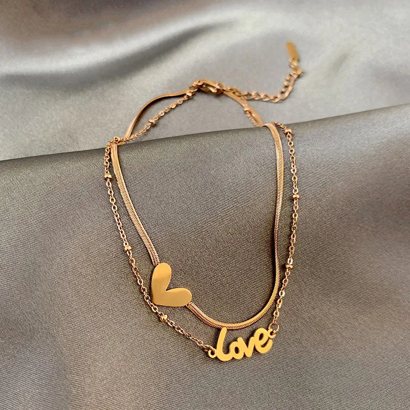 Classic Love Letter Heart-Shaped Double-Layer Titanium Steel Anklets For Woman