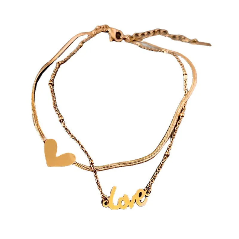 Classic Love Letter Heart-Shaped Double-Layer Titanium Steel Anklets For Woman