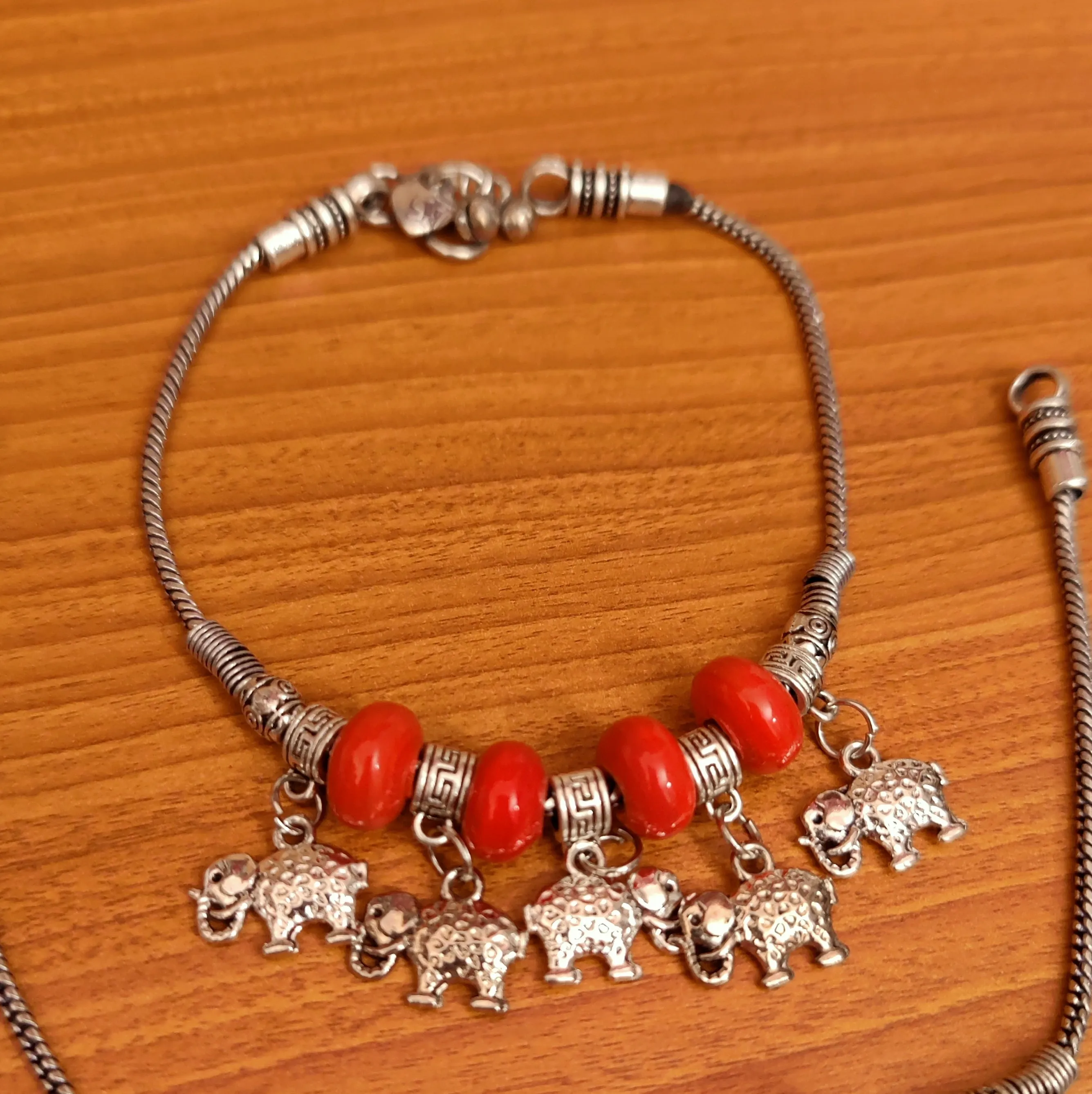 CORAL BEADS BABY ELEPHANT MOTIF ANKLETS