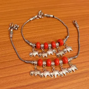 CORAL BEADS BABY ELEPHANT MOTIF ANKLETS