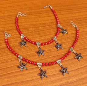 CORAL COLOUR STAR FISH CHARM ANKLETS