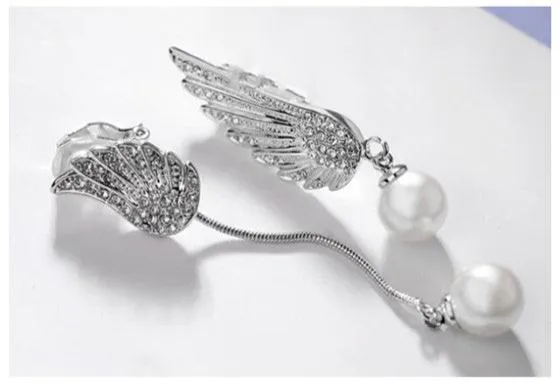 Ethereal Wings: 18K Platinum Asymmetrical Pearl Drop Earrings