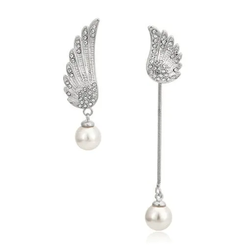 Ethereal Wings: 18K Platinum Asymmetrical Pearl Drop Earrings