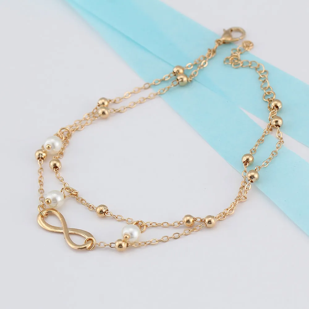 Fashion Double Infinite Simulated Pearl Pendant Anklet