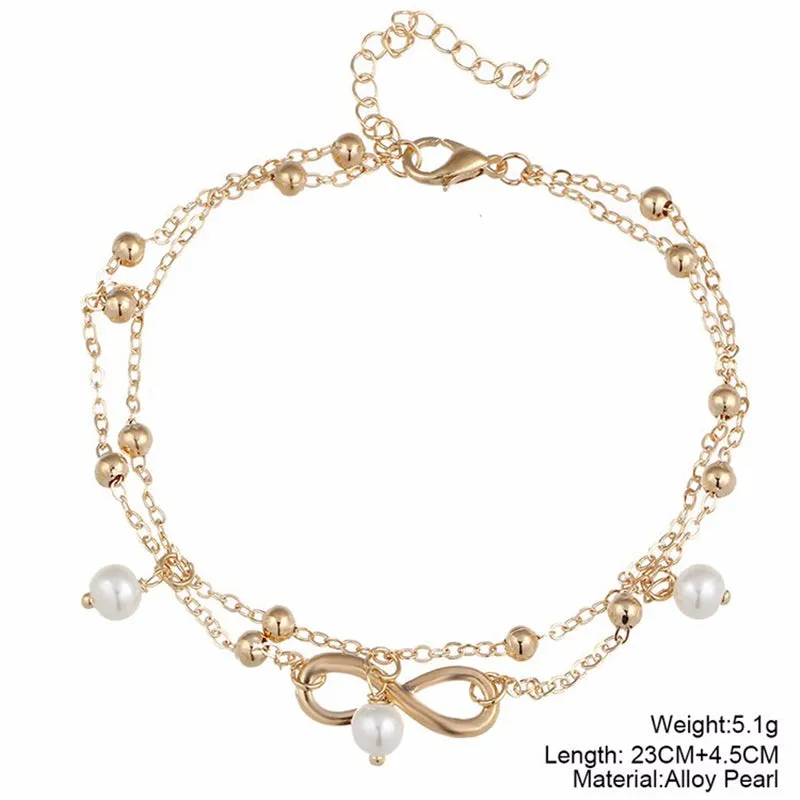 Fashion Double Infinite Simulated Pearl Pendant Anklet