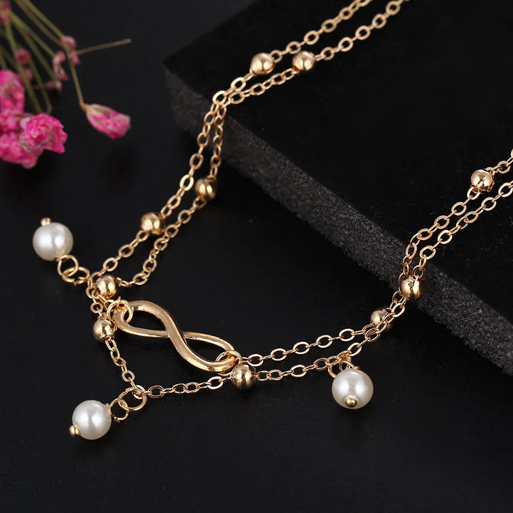 Fashion Double Infinite Simulated Pearl Pendant Anklet