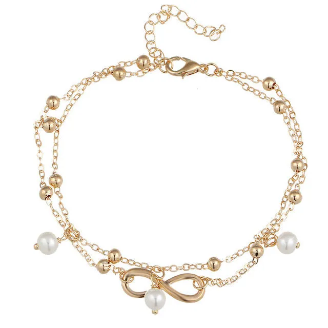Fashion Double Infinite Simulated Pearl Pendant Anklet