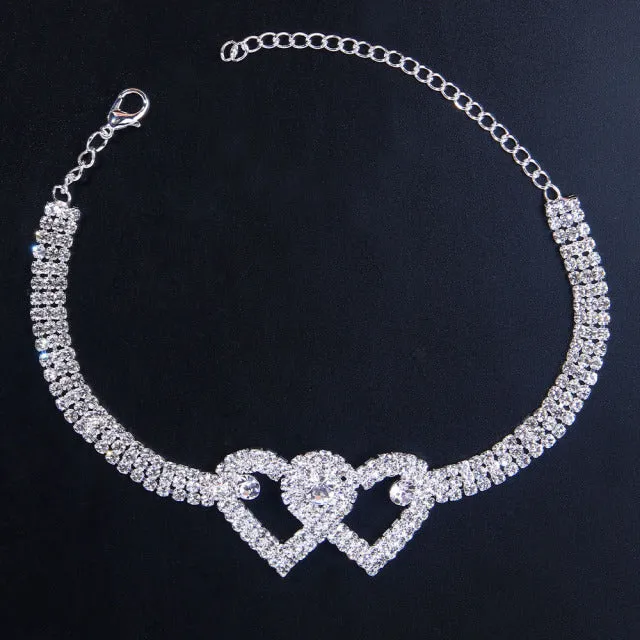Fashion Hip Hop Rhinestone Heart Cuban Anklet Bracelet for Women