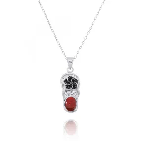 Flip Flop Pendant Necklace with Red Coral and Black Spinel Hibiscus Flower
