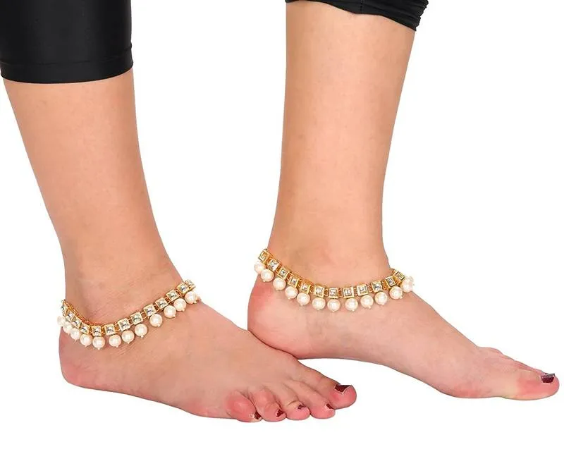 GOLD PLATED KUNDAN MEENAKARI PEARL ANKLETS