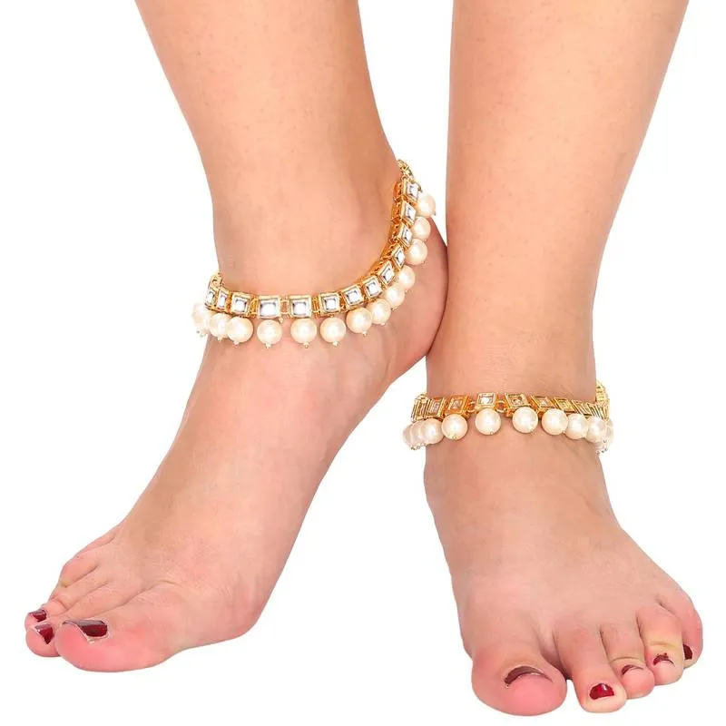 GOLD PLATED KUNDAN MEENAKARI PEARL ANKLETS