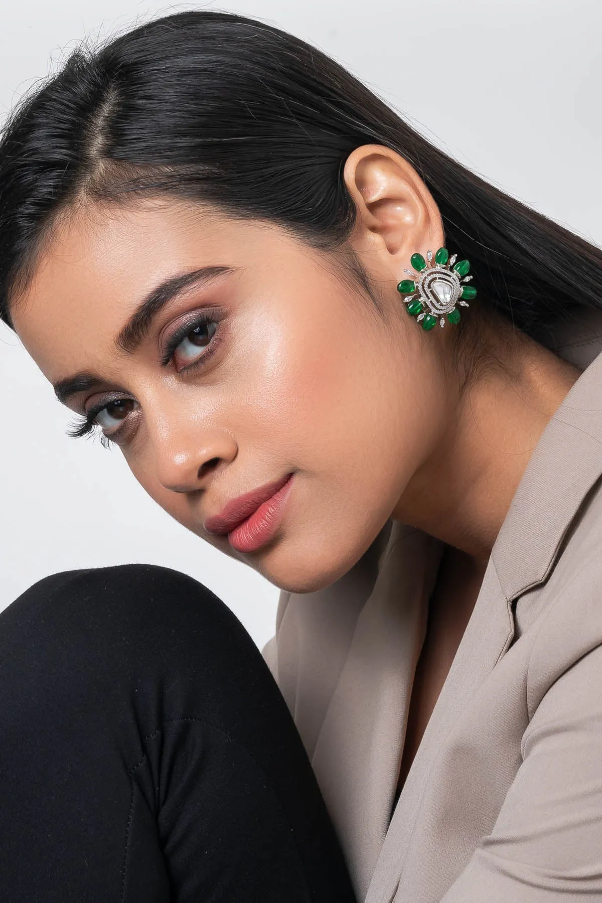 Green Stone Kundan Floral Earrings