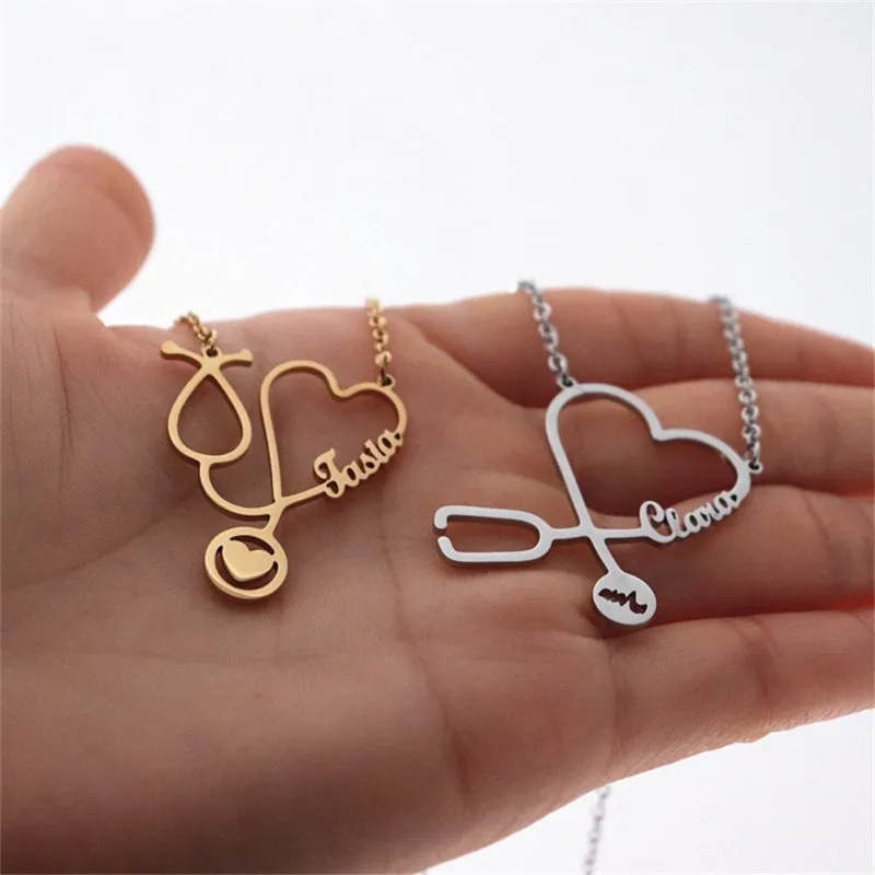 Heart Shape Stethoscope Personalized Name Pendant Necklaces