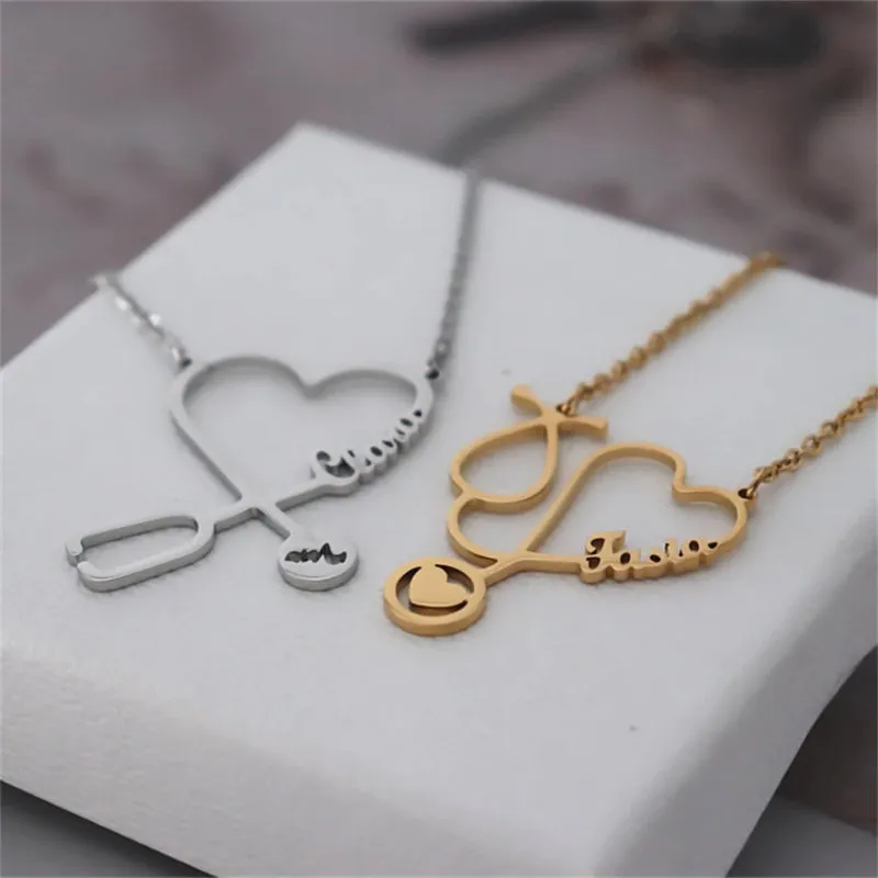 Heart Shape Stethoscope Personalized Name Pendant Necklaces
